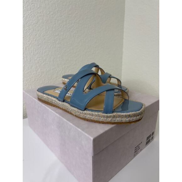 Jimmy Choo Blue Fringe Suede Denim Aisha Espadrille Ankle  Jimmy Choo Sky Blue Patent Leather Crisscross Espadrille Slide Sandals 38